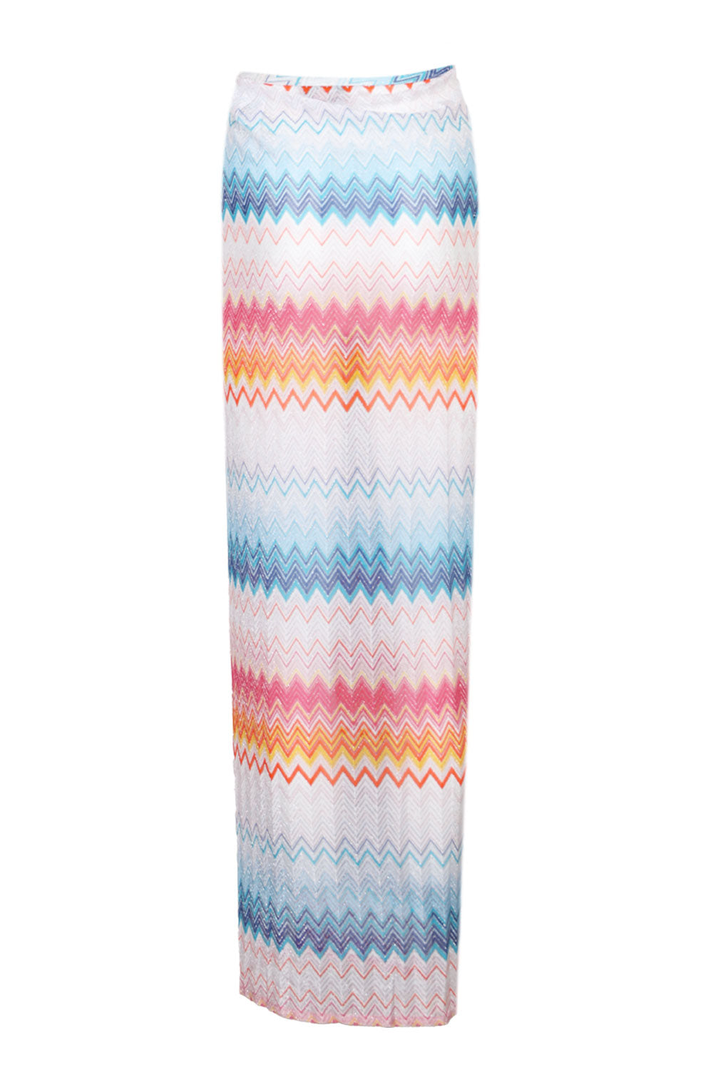Load image into Gallery viewer, Long Skirt In Zig Zag Lame Viscose Blend with Drawstring Shaded Fuchsia/Blue
