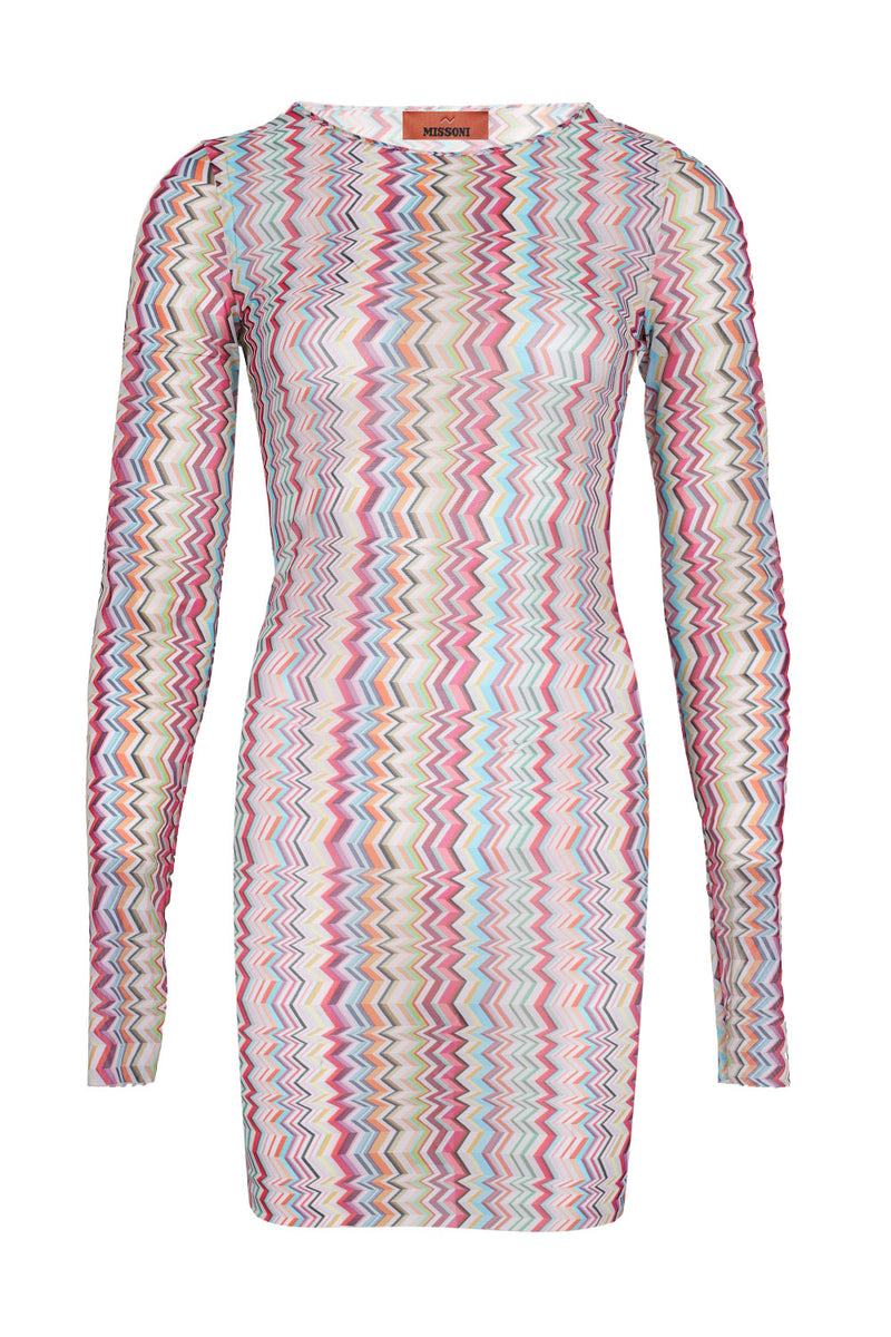 Midi Dress in Zig Zag Printed Tulle Multicolor 3D Chevron