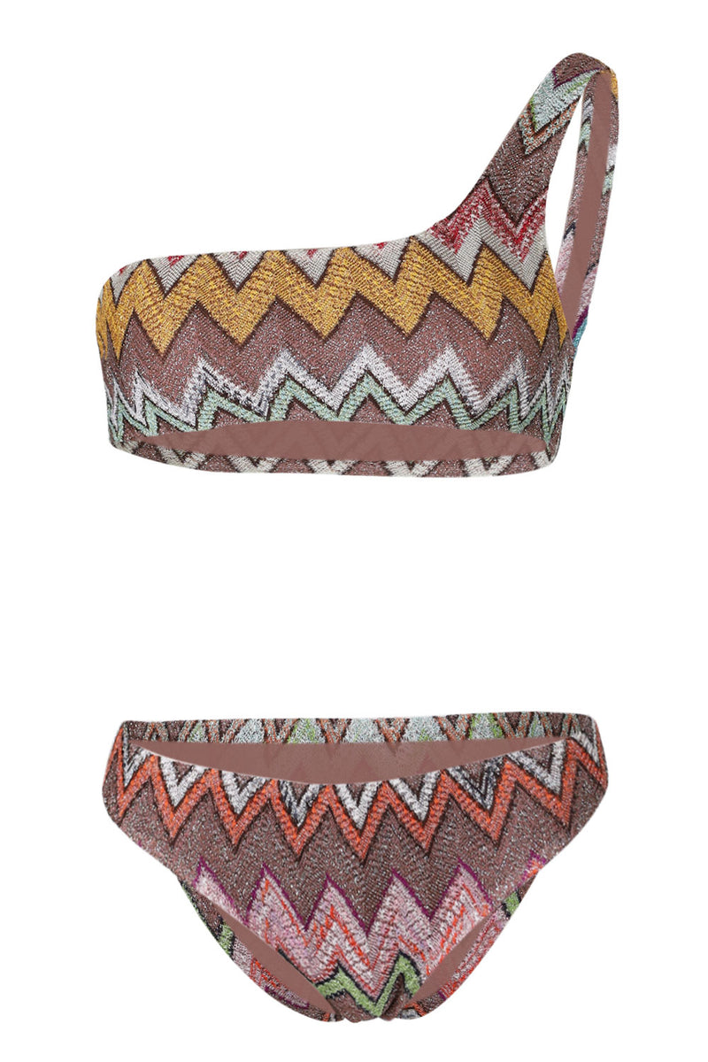 One-Shoulder Bikini in Lame Viscose with Macro Zigzag Pattern
