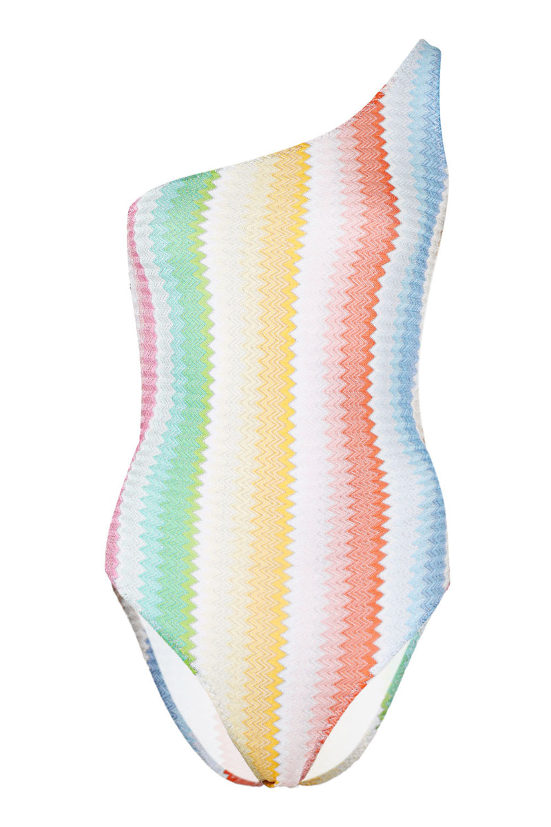 One-Shoulder One Piece Swimsuit with Degrade Zig Zag Pattern