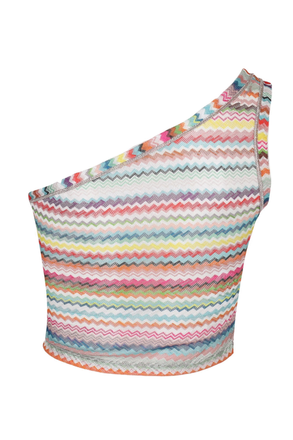 Load image into Gallery viewer, One-shoulder Viscose-blend Tulle Top with Zigzag Pattern Multicolour
