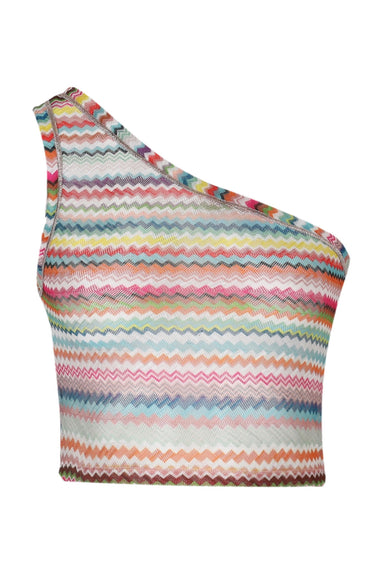 One-shoulder Viscose-blend Tulle Top with Zigzag Pattern Multicolour