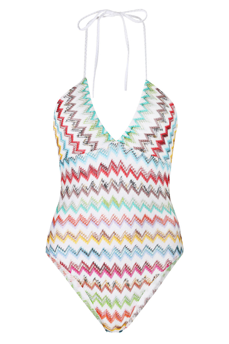 One Piece Swimsuit in Lame Viscose with Micro Zigzag Pattern Multicolor