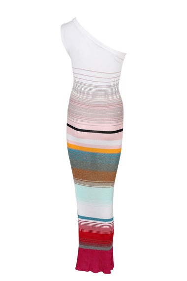 One Shoulder Dress In Striped Ribbed Knit  With Lurex Fuchsia And White