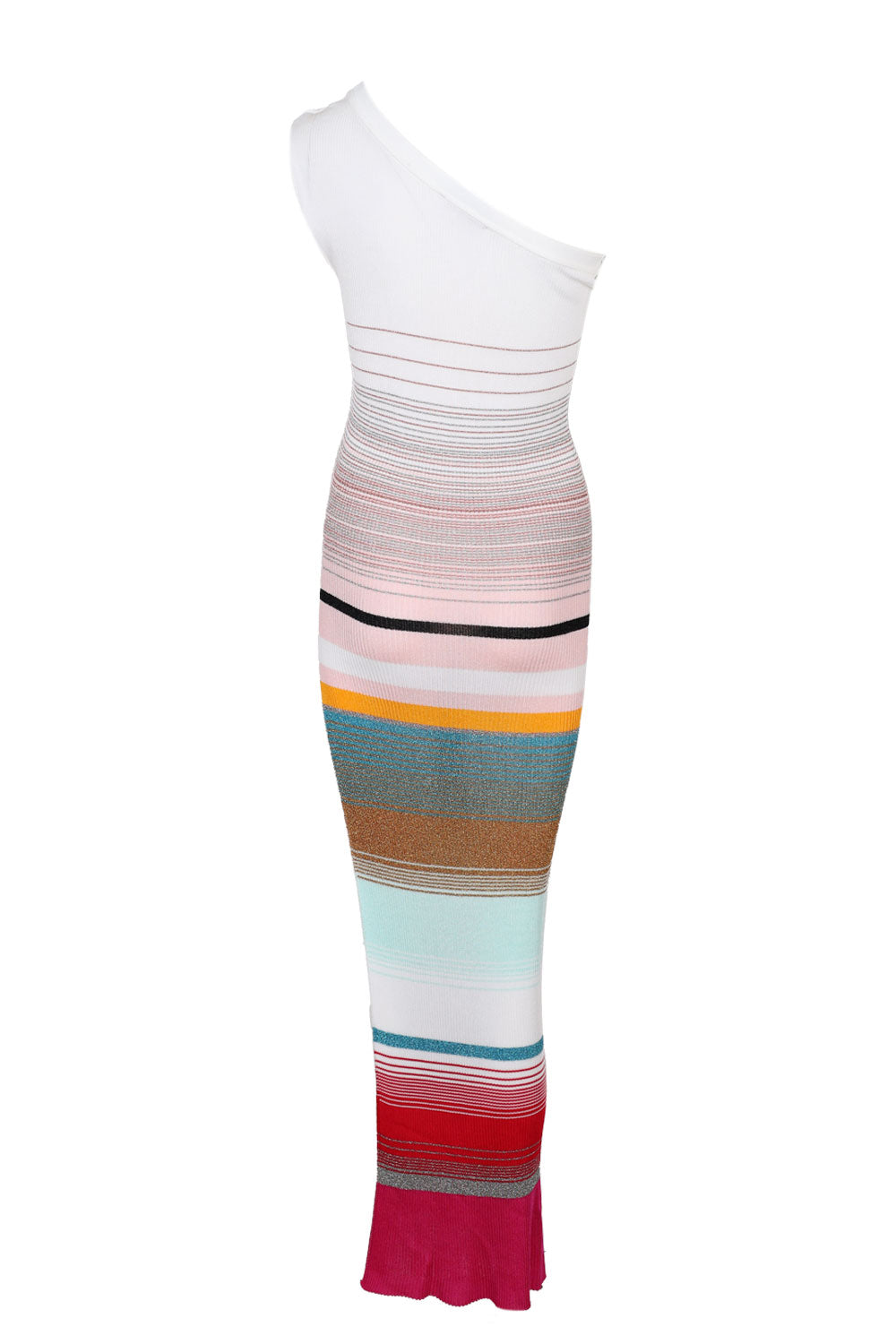 Load image into Gallery viewer, One Shoulder Dress In Striped Ribbed Knit  With Lurex Fuchsia And White
