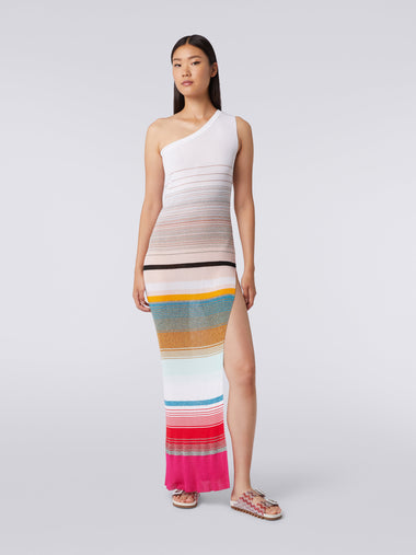 One Shoulder Dress In Striped Ribbed Knit  With Lurex Fuchsia And White