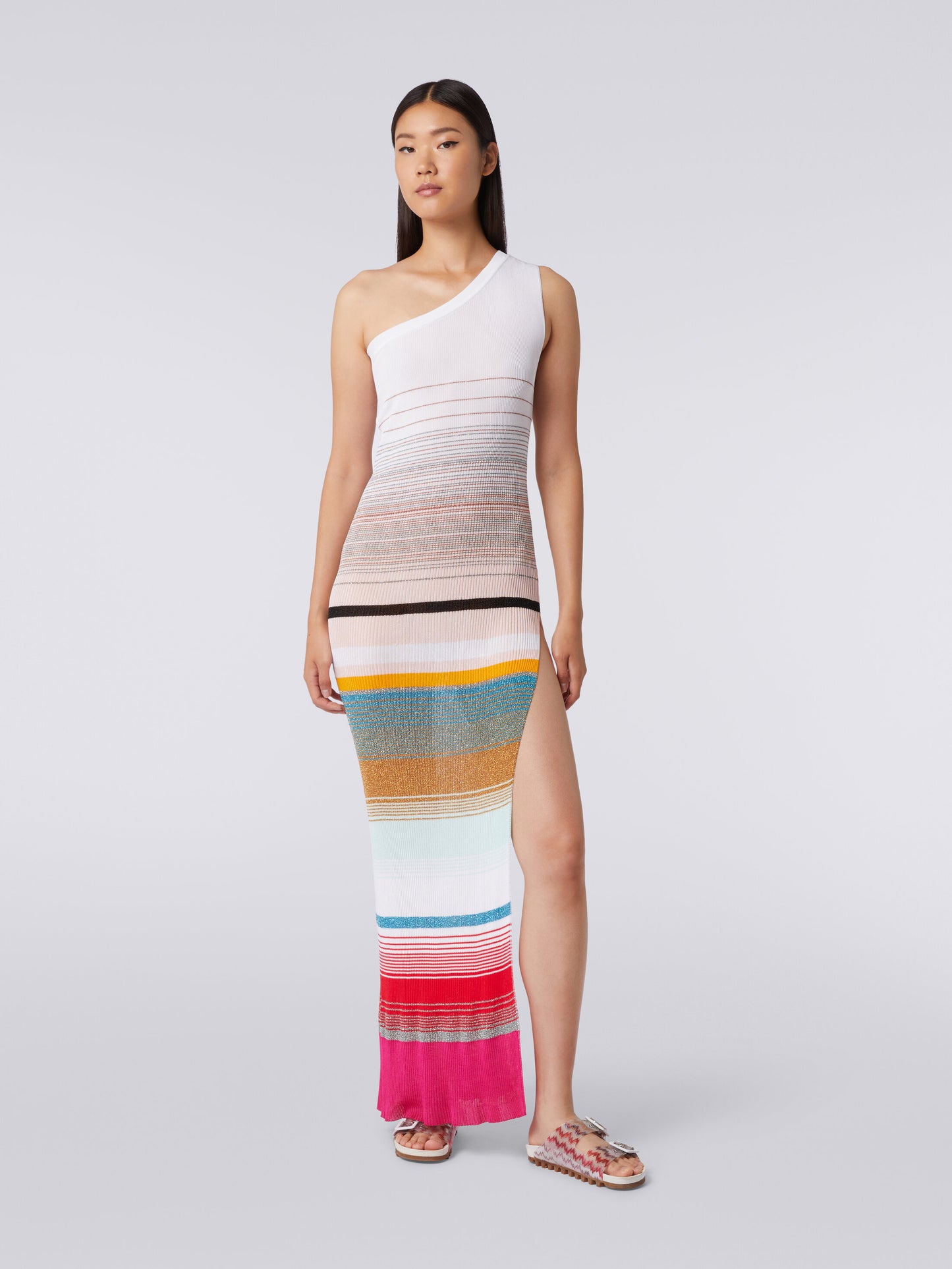 Load image into Gallery viewer, One Shoulder Dress In Striped Ribbed Knit  With Lurex Fuchsia And White
