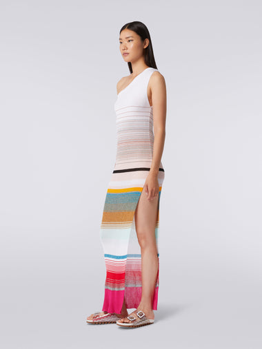 One Shoulder Dress In Striped Ribbed Knit  With Lurex Fuchsia And White