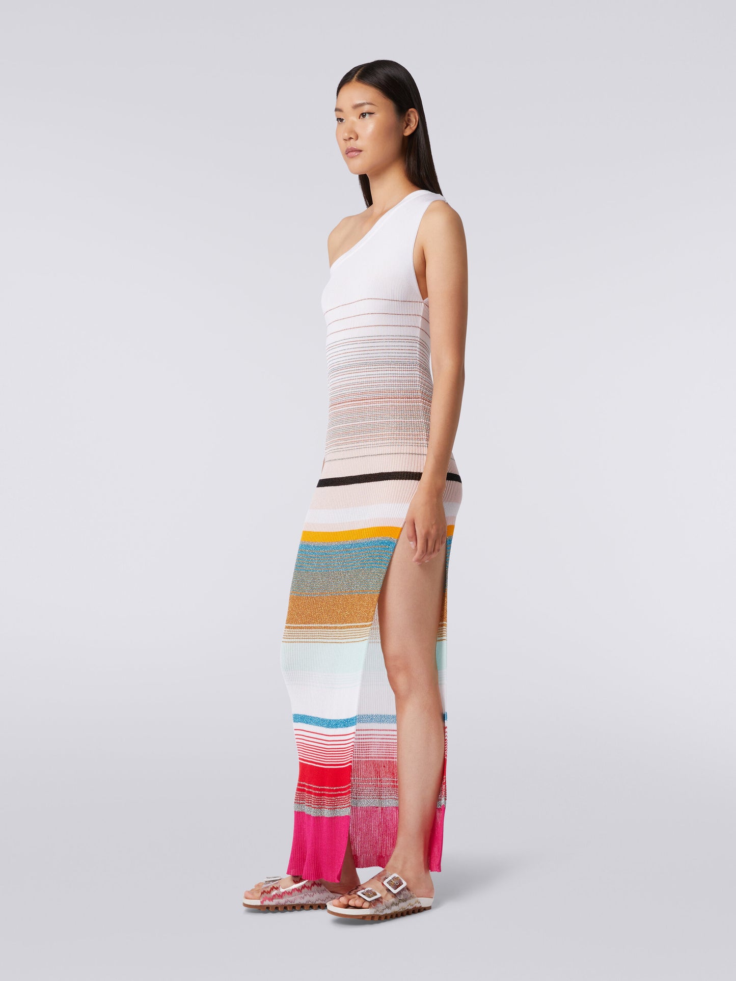 Load image into Gallery viewer, One Shoulder Dress In Striped Ribbed Knit  With Lurex Fuchsia And White

