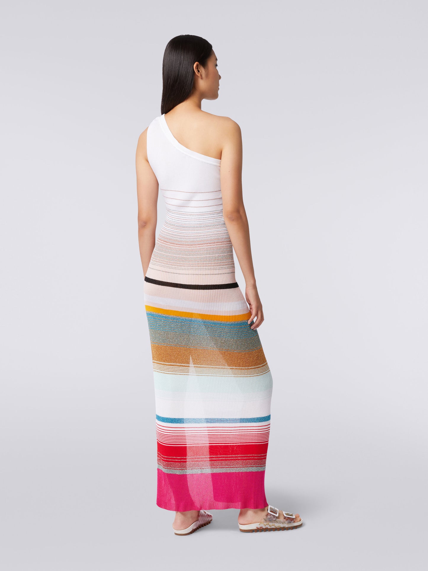 Load image into Gallery viewer, One Shoulder Dress In Striped Ribbed Knit  With Lurex Fuchsia And White
