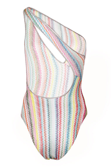 One Shoulder Swimsuit Lame in Zigzag Pattern Multicolor