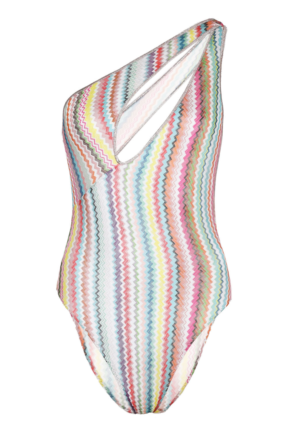 Load image into Gallery viewer, One Shoulder Swimsuit Lame in Zigzag Pattern Multicolor
