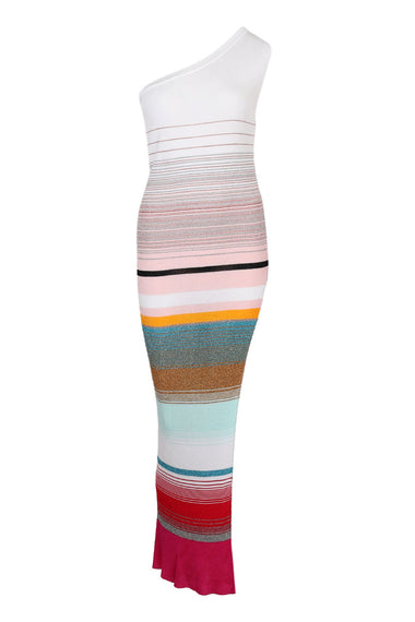 One Shoulder Dress In Striped Ribbed Knit  With Lurex Fuchsia And White