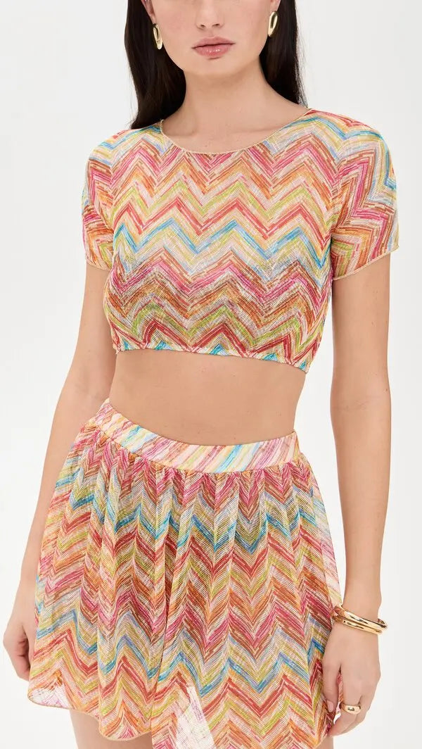 Load image into Gallery viewer, Printed Tulle Crop Top Multi Tetris/Micro Chevron
