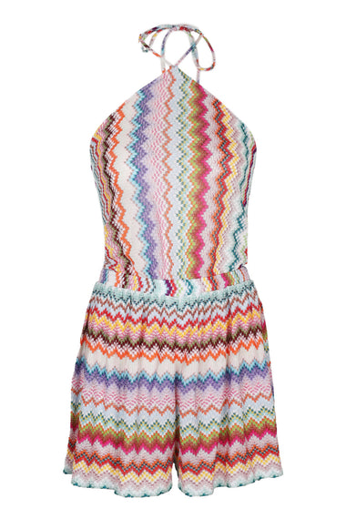 Short Jumpsuit in Lame Viscose with Pixel-effect Zigzag Pattern