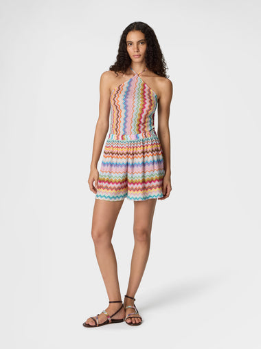 Short Jumpsuit in Lame Viscose with Pixel-effect Zigzag Pattern