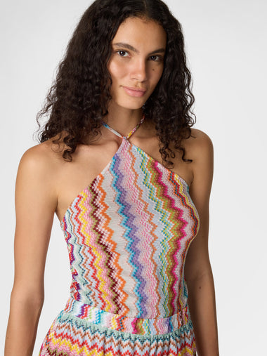 Short Jumpsuit in Lame Viscose with Pixel-effect Zigzag Pattern