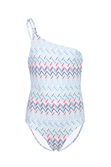 Girls Blue Zigzag Pattern One-Shoulder Swimsuit