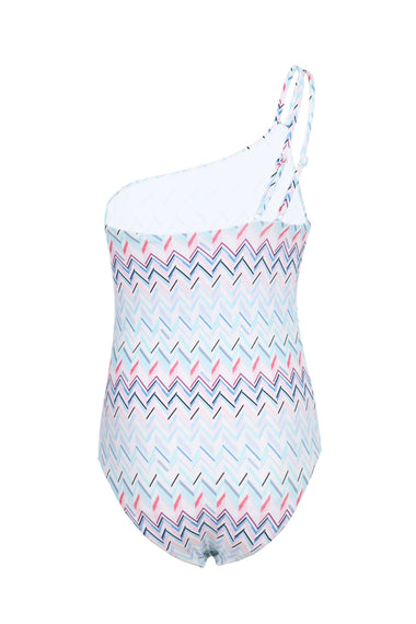 Girls Blue Zigzag Pattern One-Shoulder Swimsuit