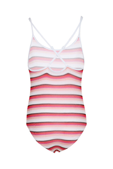 Girls Knit Fabric Fuchsia And White Swimsuit