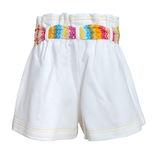 White Shorts With Zigzag Printed Belt For Girls