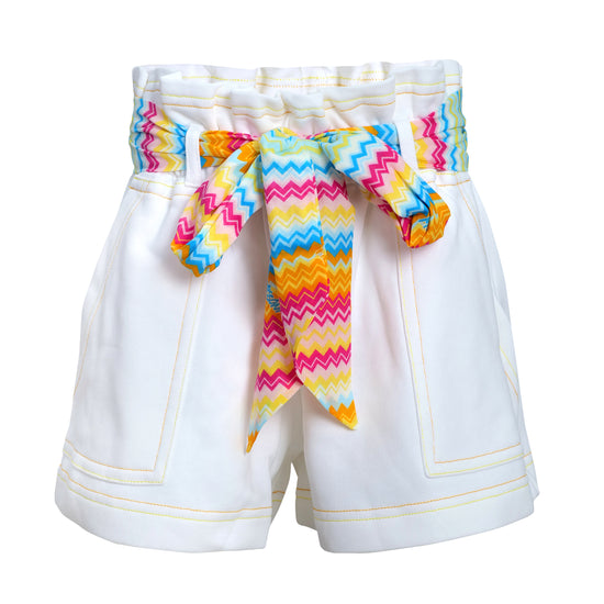 White Shorts With Zigzag Printed Belt For Girls
