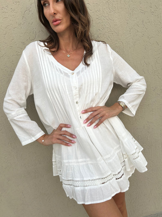 Load image into Gallery viewer, Raya Loose Fit Pleated Linen Dress White - ONE SIZE - Dress
