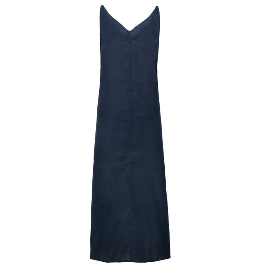 Navy Blue V-Collar Linen Dress