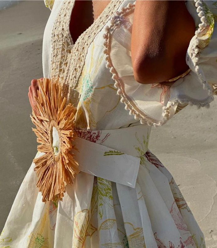 Linen Dress Flower Off White