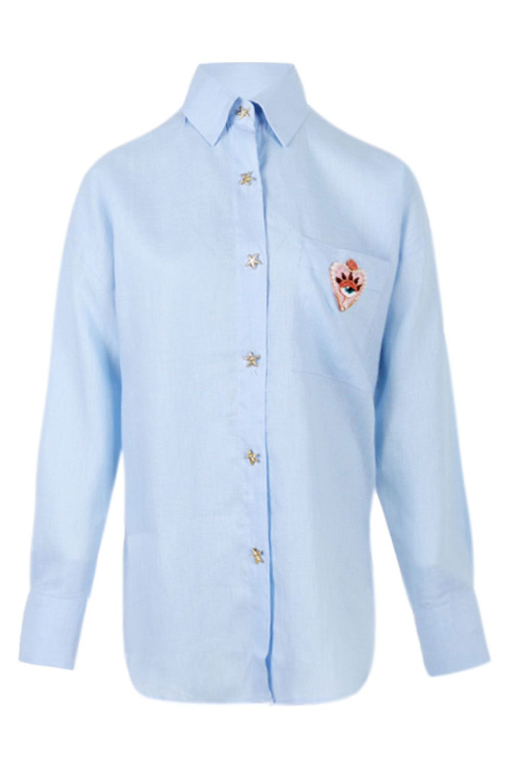 Load image into Gallery viewer, Linen Shirt With Heart Eye Blue
