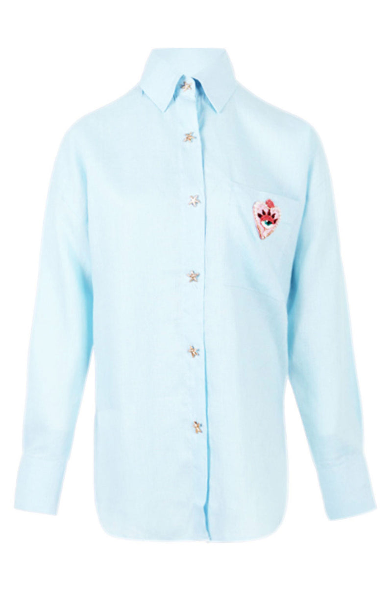 Linen Shirt With Heart Eye Light Blue