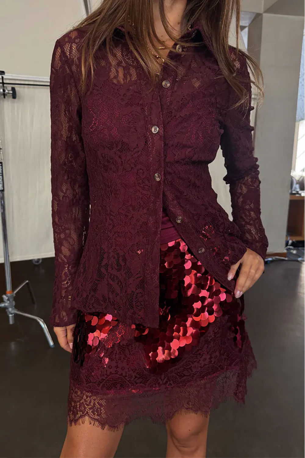 Load image into Gallery viewer, Burgundy Lace Shirt
