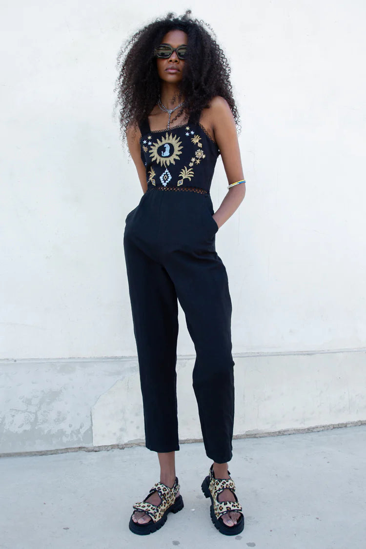 Black Leopard Embroidered Jumpsuit