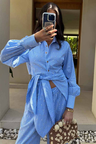 Blue Stripe Tie Back Shirt