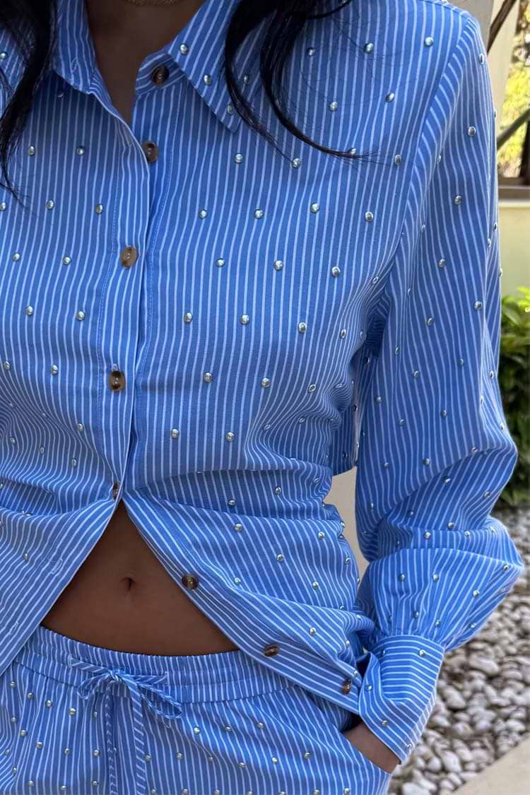 Load image into Gallery viewer, Blue Stripe Tie Back Shirt
