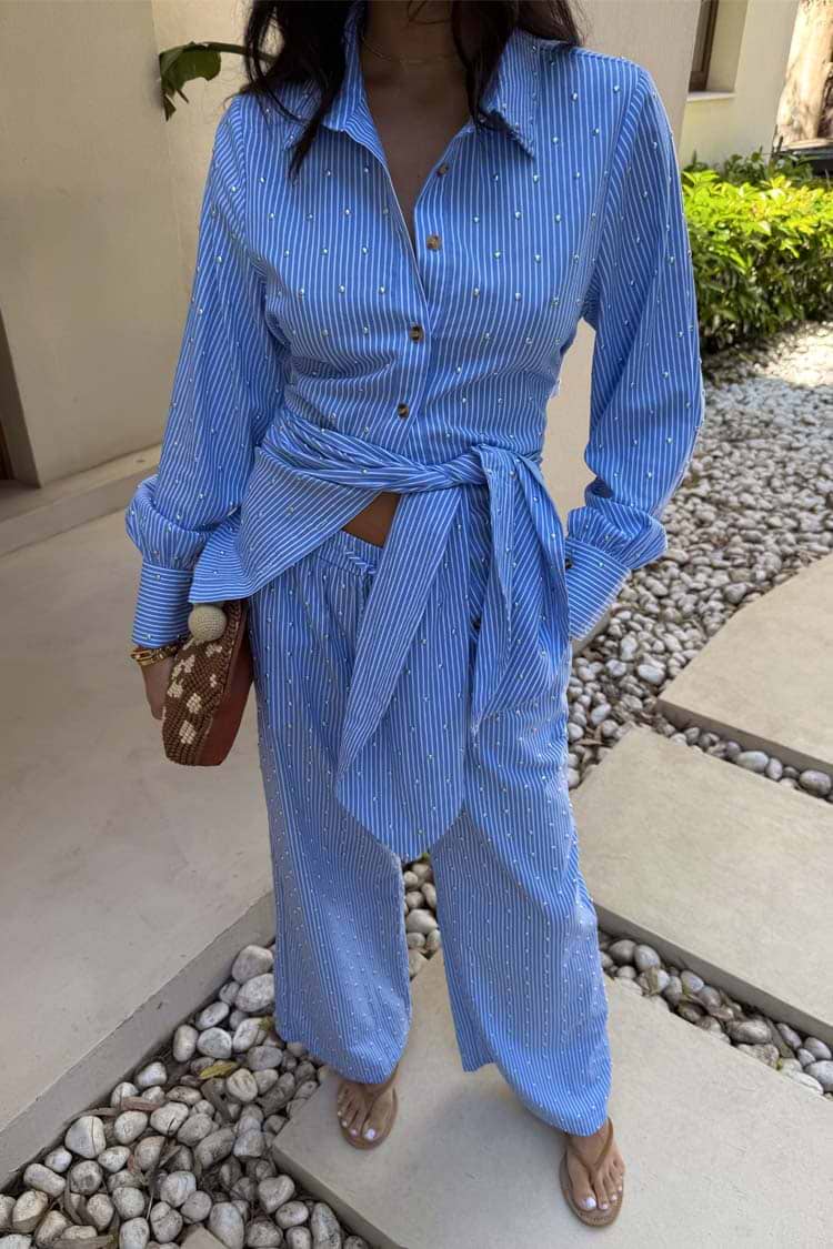 Load image into Gallery viewer, Blue Stripe Tie Back Shirt
