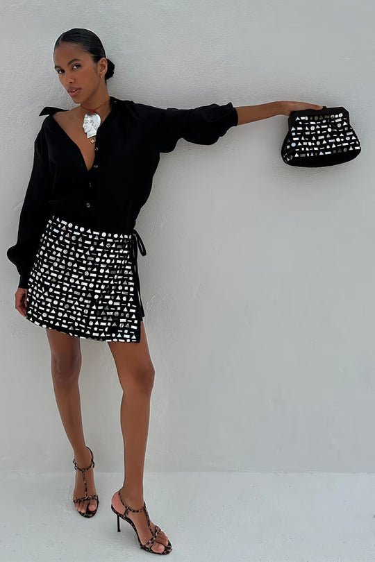 Black Beaded Mirror Clutch Bag - ONE SIZE - Pouch