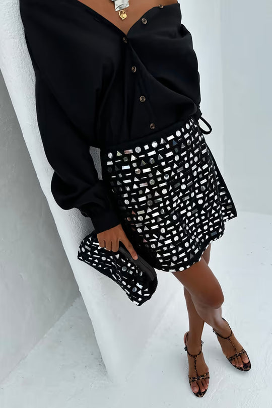 Black Beaded Mirror Skirt - Skirt
