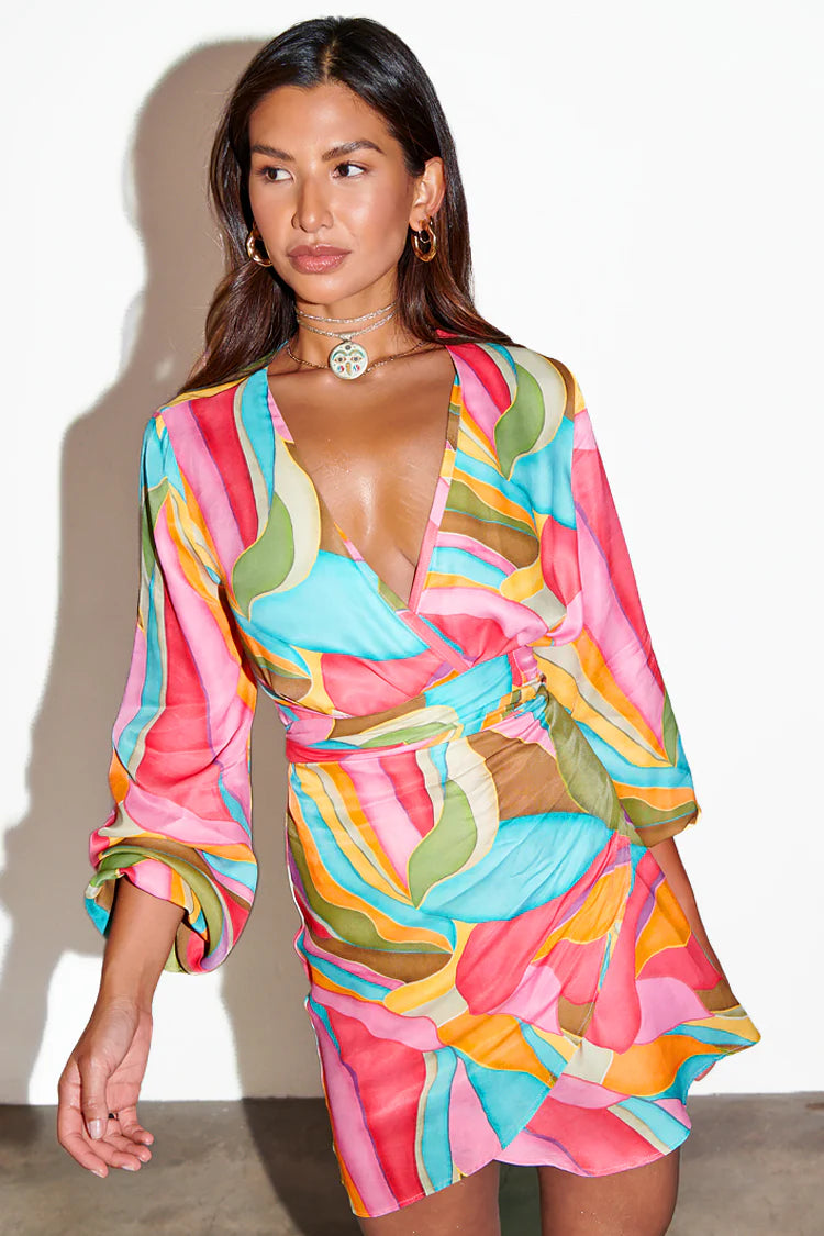 Load image into Gallery viewer, Multi Abstract Mini Vienna Wrap Dress - Dress
