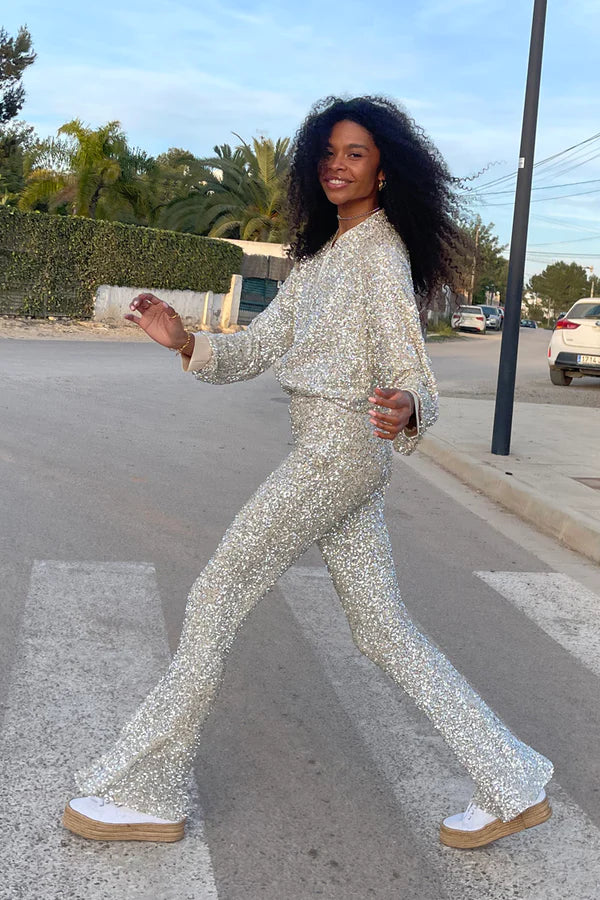 Load image into Gallery viewer, Sequin Flared Trousers - Bottoms
