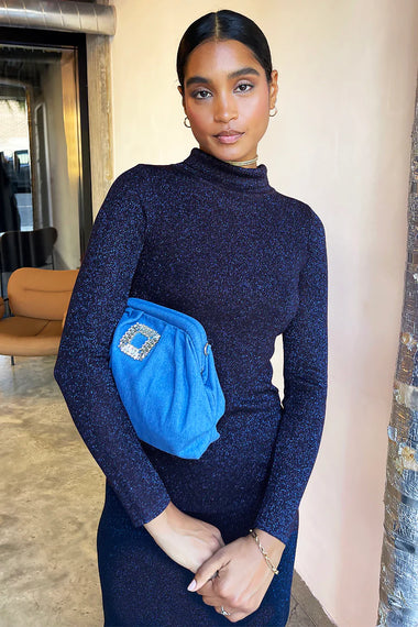 Navy Sparkle Roll Neck Top - Top