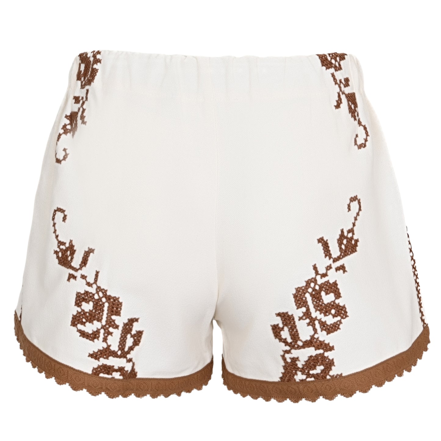 Load image into Gallery viewer, Orsina Cotton Shorts Tan Trim Brown Print S - Shorts
