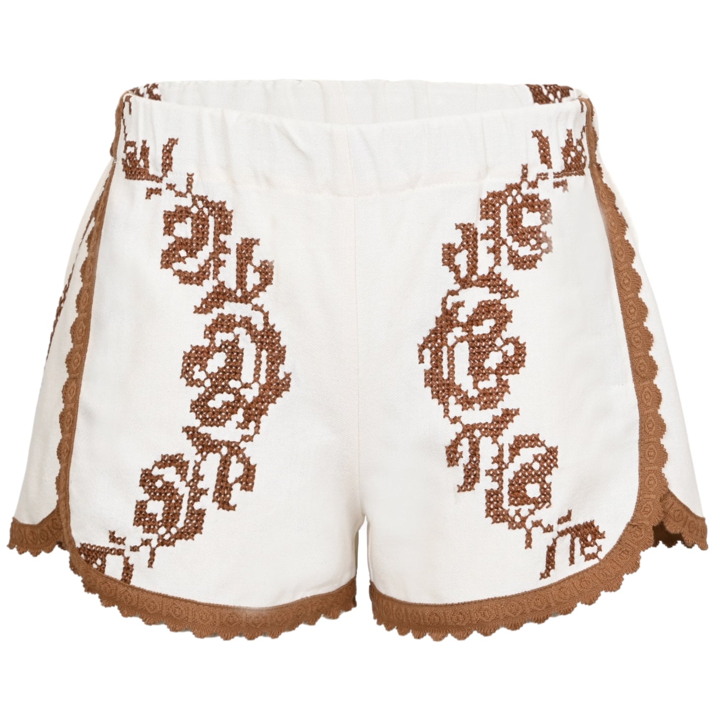 Load image into Gallery viewer, Orsina Cotton Shorts Tan Trim Brown Print S - Shorts
