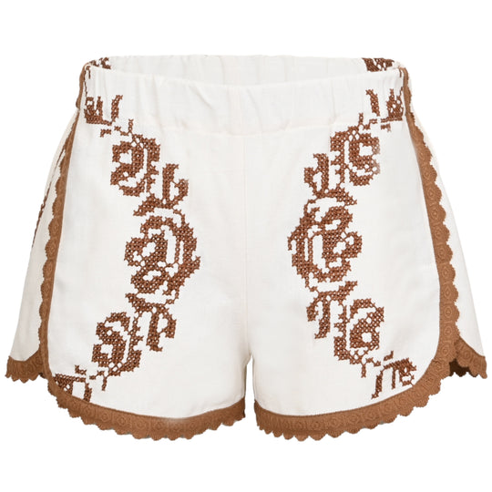 Orsina Cotton Shorts Tan Trim Brown Print S - Shorts