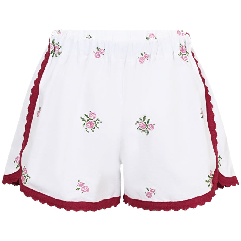 Orsina Cotton Shorts Red Trim Floral Rose L