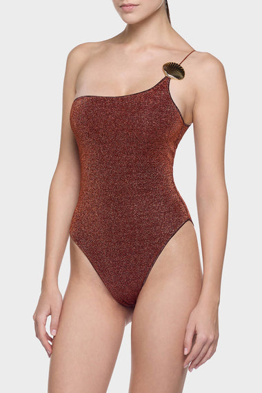 Lumiere Shell One Shoulder Maillot Brown