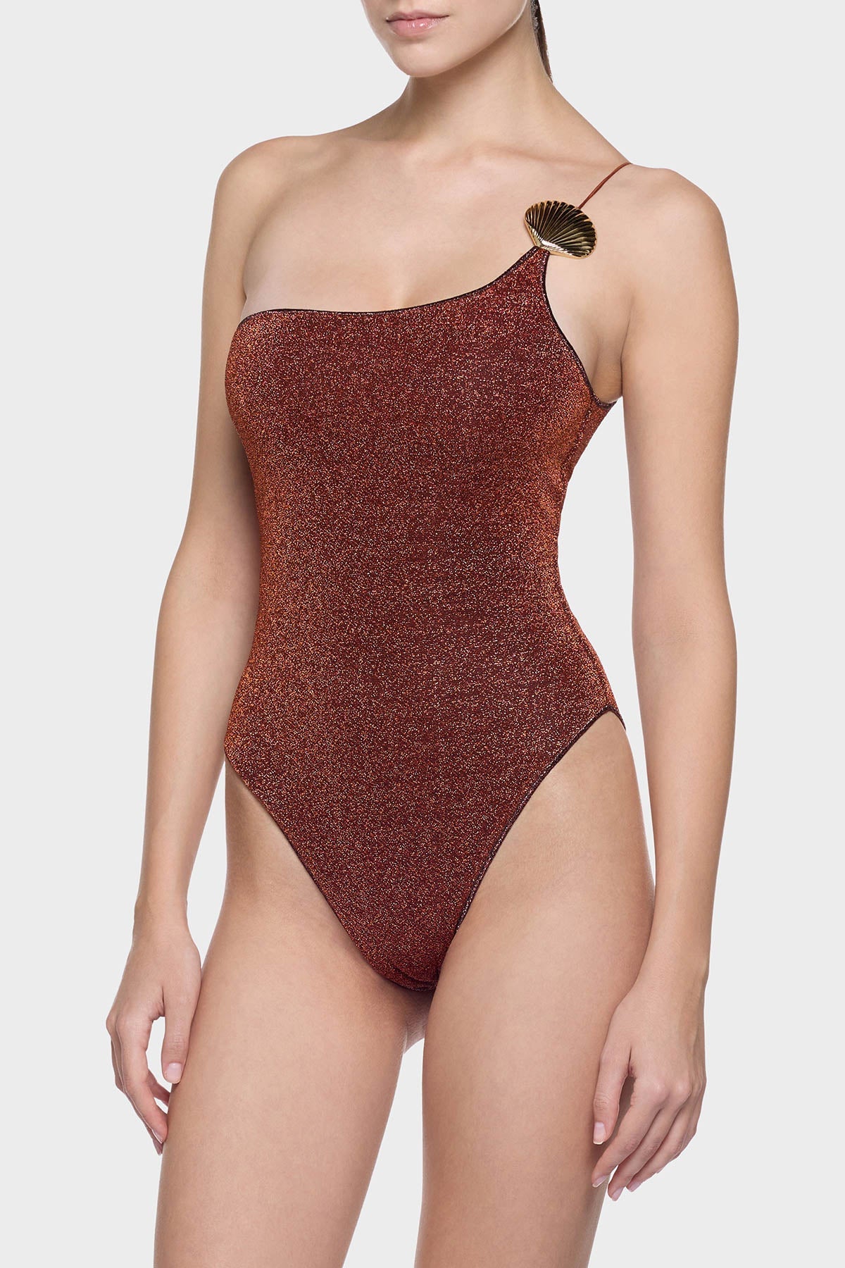 Load image into Gallery viewer, Lumiere Shell One Shoulder Maillot Brown
