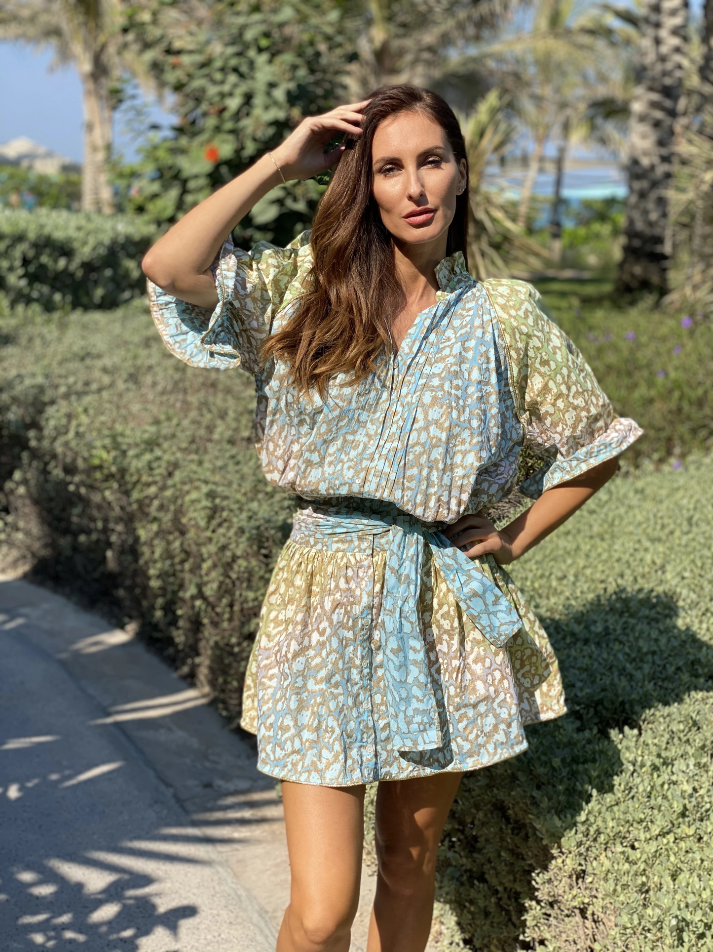 Tie Dye Blouson Dress With Snow Leopard Print Green Lime/Turq