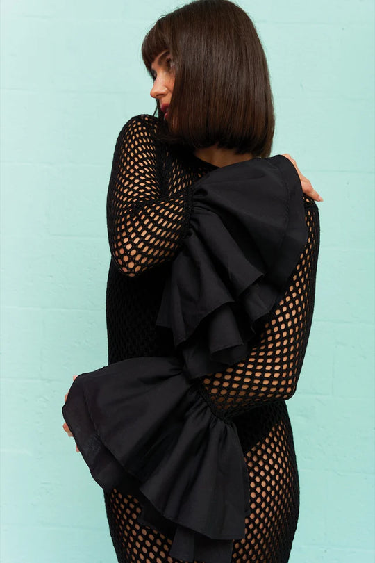 Load image into Gallery viewer, Crochet Contrast Ruffle Sleeve Dress Black

