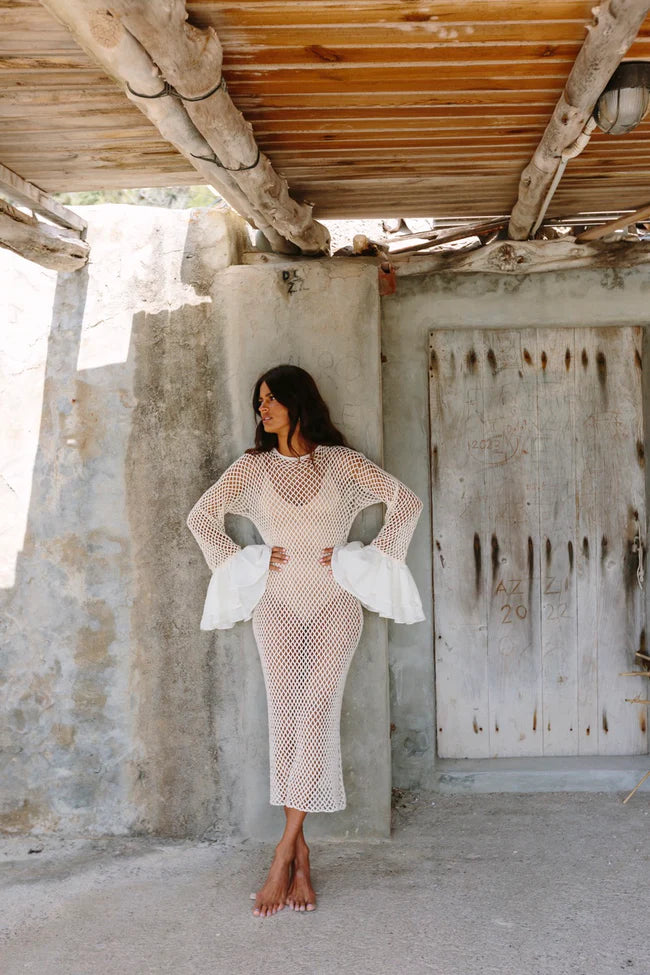 Load image into Gallery viewer, Crochet Contrast Ruffle Sleeve Dress Ecru
